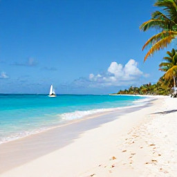 Caribbean Holidays, April Caribbean Holidays, A bright Caribbean coastline in April with turquoise sea, white sand, palm trees and a small sailing boat near shore
