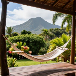 Caribbean Holidays, April Caribbean Holidays, A comfortable eco-lodge surrounded by tropical gardens in the Caribbean, with a hammock, wooden terrace and mountains in the distance