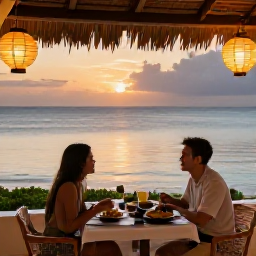 Caribbean Holidays, April Caribbean Holidays, A couple dining beside the Caribbean Sea at sunset, with local dishes, lanterns and a relaxed island atmosphere