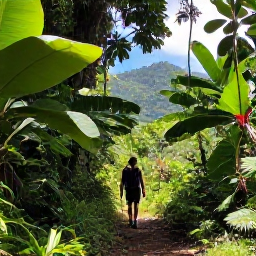 Caribbean Holidays, April Caribbean Holidays, A hiker walking through a lush Caribbean rainforest, with broad green leaves, filtered sunlight and a clear trail leading towards distant hills