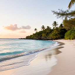 Caribbean Holidays, April Caribbean Holidays, A quiet Caribbean beach at sunrise in April, with clear turquoise water, soft golden light and lush tropical vegetation