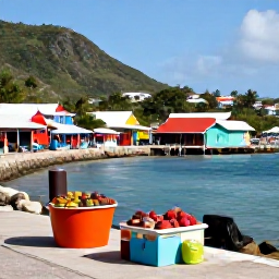 Caribbean Holidays, April Caribbean Holidays, A traditional Caribbean fishing village and colourful market beside a sunny harbour, with local produce and island hills in the background