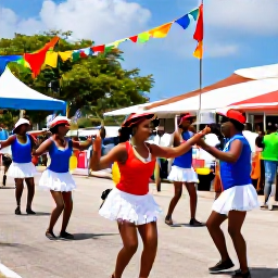 Caribbean Holidays, April Caribbean Holidays, Colourful Caribbean street festival in April with dancers, musicians, flags and local families celebrating in warm sunshine