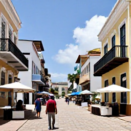 Caribbean Holidays, April Caribbean Holidays, Historic Caribbean town with pastel buildings, a small market, colonial architecture and visitors walking through sunny streets
