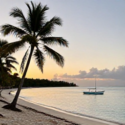 Caribbean Holidays, April Caribbean Holidays, Quiet Caribbean beach at sunset with palm trees, calm turquoise water and a small traditional fishing boat