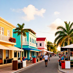 Caribbean Holidays, April Caribbean Holidays, Travellers exploring a colourful Caribbean town with pastel buildings, market stalls and tropical vegetation in warm April sunshine