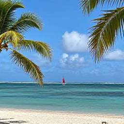 Caribbean Holidays, April Caribbean Tours, A bright Caribbean beach in April with calm turquoise water, palm trees and a small sailing boat on the horizon