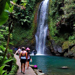 Caribbean Holidays, April Caribbean Tours, A Caribbean rainforest waterfall with lush green plants, a clear swimming pool and travellers following a scenic path