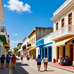 Caribbean Holidays, April Caribbean Tours, A guided walking tour through a colourful Caribbean town with colonial buildings, local shops and visitors enjoying the sunshine