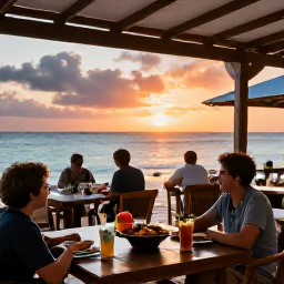 Caribbean Holidays, April Caribbean Tours, A relaxed Caribbean beachfront restaurant at sunset with fresh seafood, tropical drinks and diners overlooking the sea