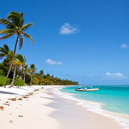 Caribbean Holidays, April Caribbean Trips, Beautiful Caribbean island beach with turquoise water, palm trees and a small boat under clear April skies