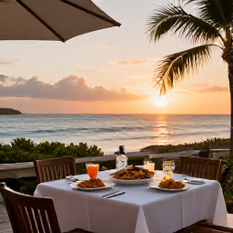 Caribbean Holidays, April Caribbean Trips, Outdoor Caribbean restaurant beside the sea at sunset, with local dishes and relaxed April holiday atmosphere