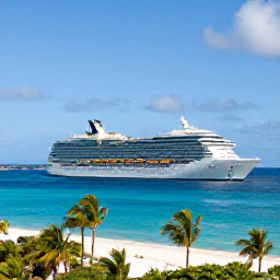 Caribbean Holidays, April Cayman Cruises, A modern cruise ship approaching George Town harbour in the Cayman Islands on a bright April morning, turquoise water and palm-lined coastline