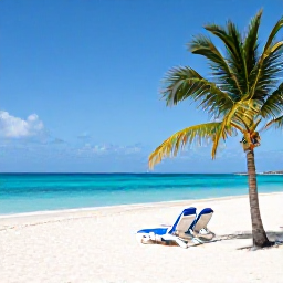 Caribbean Holidays, April Cayman Cruises, Seven Mile Beach on Grand Cayman with soft white sand, calm turquoise sea, sun loungers and a few palm trees