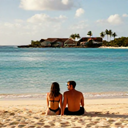 Caribbean Holidays, April Cayman Islands, Adults-only couple relaxing beside a calm turquoise sea at a luxury Cayman Islands resort in warm April sunshine