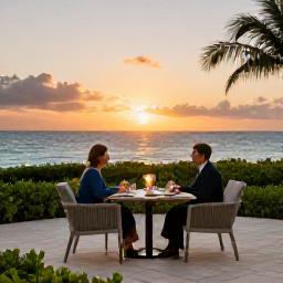 Caribbean Holidays, April Cayman Islands, Elegant adults-only Cayman Islands resort terrace with a couple enjoying dinner at sunset beside the Caribbean Sea