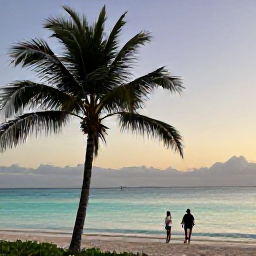 Caribbean Holidays, April Cayman Islands, Peaceful Cayman Islands beach at dusk with palm silhouettes, calm turquoise water and a couple walking along the shore