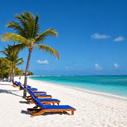 Caribbean Holidays, April Cayman Islands, White sandy Seven Mile Beach with sun loungers, palm trees and clear shallow water in the Cayman Islands