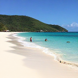 Caribbean Holidays, April City Breaks, Clear turquoise water and white sand at a Caribbean beach near Cruz Bay, with snorkellers and green hills in the background