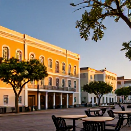 Caribbean Holidays, April City Breaks, Golden evening light over a city square with historic architecture, outdoor dining and spring trees