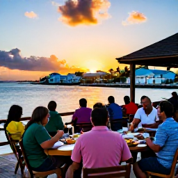 Caribbean Holidays, April City Breaks, Outdoor restaurant in Christiansted, St Croix, with diners enjoying local Caribbean food beside a colourful waterfront at sunset