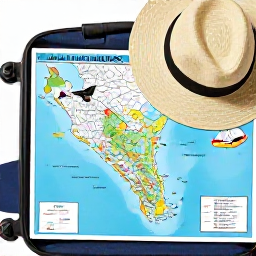 Caribbean Holidays, April City Breaks, Traveller preparing for a United States Virgin Islands city break with a small suitcase, sun hat and map showing St Thomas, St John and St Croix