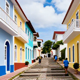 Caribbean Holidays, April City Breaks, Visitors walking through historic Charlotte Amalie streets with colourful shops, stone steps and colonial architecture