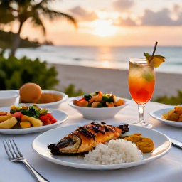 Caribbean Holidays, April Cooking Holidays, A beautifully arranged Caribbean dinner table with grilled fish, rice, plantain, colourful salad and tropical drinks at sunset