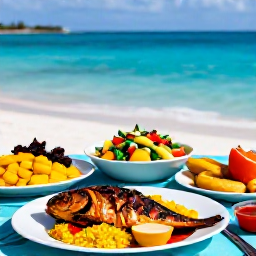 Caribbean Holidays, April Cooking Holidays, A colourful Caribbean food table overlooking turquoise water, featuring grilled fish, rice, tropical salad, plantain and local sauces