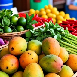 Caribbean Holidays, April Cooking Holidays, A colourful Caribbean market in April with fresh mangoes, limes, chillies, herbs and local vegetables displayed in baskets
