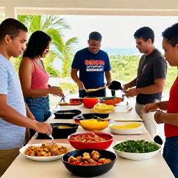 Caribbean Holidays, April Cooking Holidays, A friendly Caribbean cooking class in a bright open kitchen, with visitors preparing local seafood, peppers, herbs and spices