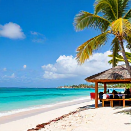 Caribbean Holidays, April Cooking Holidays, Sunny Martinique coastline in April with a small beach, turquoise water, palm trees and a relaxed outdoor restaurant