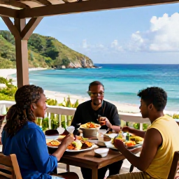 Caribbean Holidays, April Cooking Holidays, Travellers enjoying a freshly prepared Caribbean lunch on a shaded terrace overlooking turquoise sea and green hills