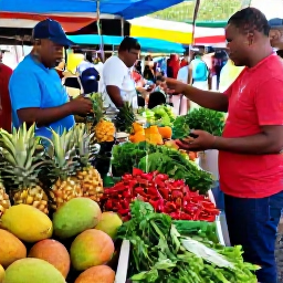 Caribbean Holidays, April Cooking Holidays, Visitors choosing fresh produce at a lively Martinique market, with pineapples, mangoes, chillies and aromatic herbs