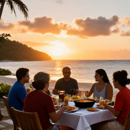 Caribbean Holidays, April Cooking Holidays, Visitors enjoying an outdoor Caribbean cooking and dining experience at sunset, with a relaxed table near a beach in the United States Virgin Islands