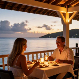 Caribbean Holidays, April Couples Holidays, A couple enjoying dinner at a waterfront restaurant in the British Virgin Islands at sunset, warm lights, relaxed Caribbean atmosphere