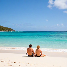 Caribbean Holidays, April Couples Holidays, A couple relaxing on a quiet white-sand beach in the British Virgin Islands, turquoise sea, April sunshine, natural travel photography