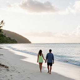 Caribbean Holidays, April Couples Holidays, A couple walking hand in hand along a quiet Caribbean beach in Saint Vincent and the Grenadines at sunrise