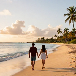 Caribbean Holidays, April Couples Holidays, A couple walking hand in hand along a quiet golden beach in Saint Kitts at sunrise, calm turquoise sea and palm trees