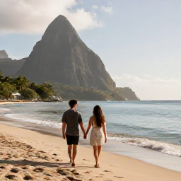Caribbean Holidays, April Couples Holidays, A couple walking hand in hand along a quiet sandy beach in Saint Lucia during a warm April afternoon