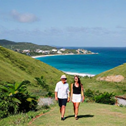 Caribbean Holidays, April Couples Holidays, A couple walking through a green hillside landscape overlooking the sea on Tortola, British Virgin Islands, clear April weather