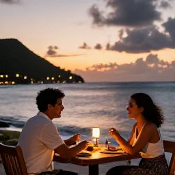 Caribbean Holidays, April Couples Holidays, Couple dining at a relaxed seaside restaurant in Saint Vincent and the Grenadines during a warm evening sunset