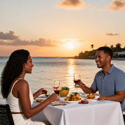 Caribbean Holidays, April Couples Holidays, Couple dining at a waterside restaurant in Antigua as the sun sets, local Caribbean dishes and soft evening light