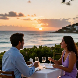 Caribbean Holidays, April Couples Holidays, Couple dining at an elegant beachfront restaurant in Grand Case, Saint Martin, with sunset sea views