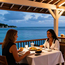 Caribbean Holidays, April Couples Holidays, Couple dining at an elegant open-air Caribbean restaurant beside the sea, warm evening lighting and local food