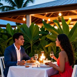 Caribbean Holidays, April Couples Holidays, Couple dining outdoors at a relaxed Caribbean restaurant at dusk, local seafood, candlelight and tropical greenery