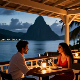 Caribbean Holidays, April Couples Holidays, Couple enjoying a candlelit dinner at an open-air restaurant overlooking the Caribbean coast of Saint Lucia