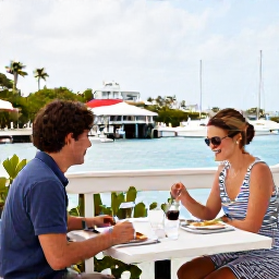 Caribbean Holidays, April Couples Holidays, Couple enjoying an elegant open-air lunch at a harbour restaurant in Gustavia, Saint Barth&eacute;lemy