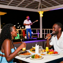 Caribbean Holidays, April Couples Holidays, Couple enjoying colourful Caribbean food and live music at an outdoor evening venue in Trinidad and Tobago
