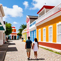 Caribbean Holidays, April Couples Holidays, Couple exploring historic Basseterre in Saint Kitts, colourful colonial buildings, stone streets and tropical sunshine